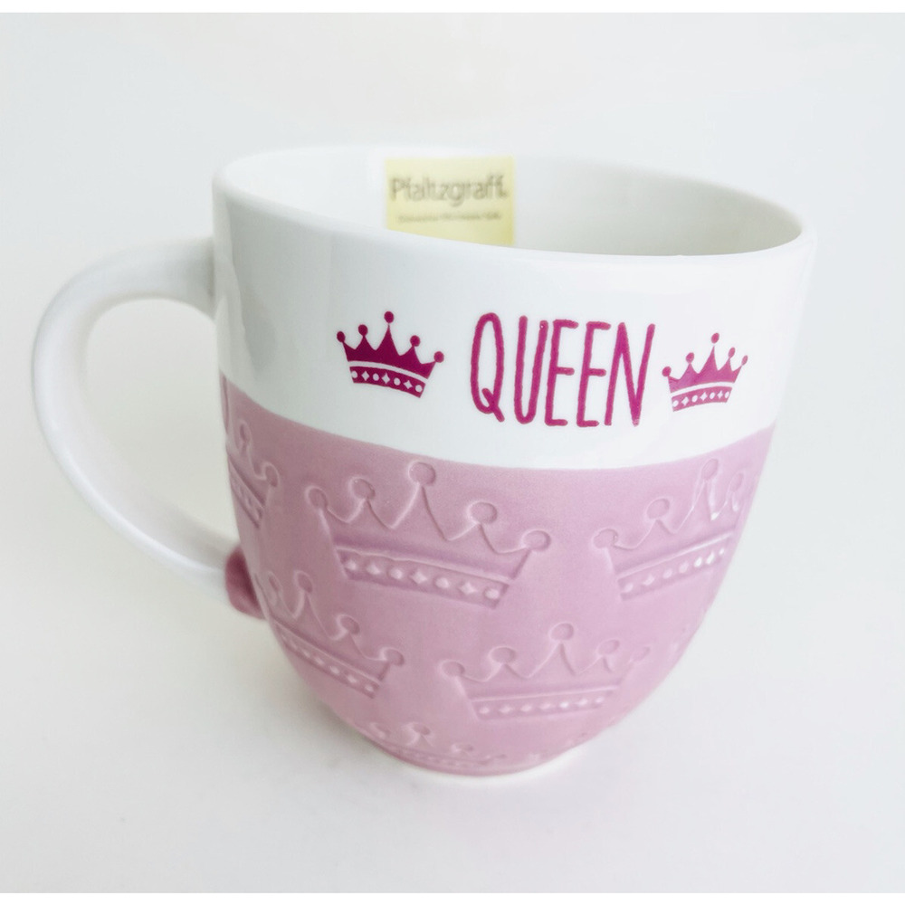 Pfaltzgraff Queen Debossed pink & white Coffee Mug 20fl Oz QUEEN CROWN PRINT